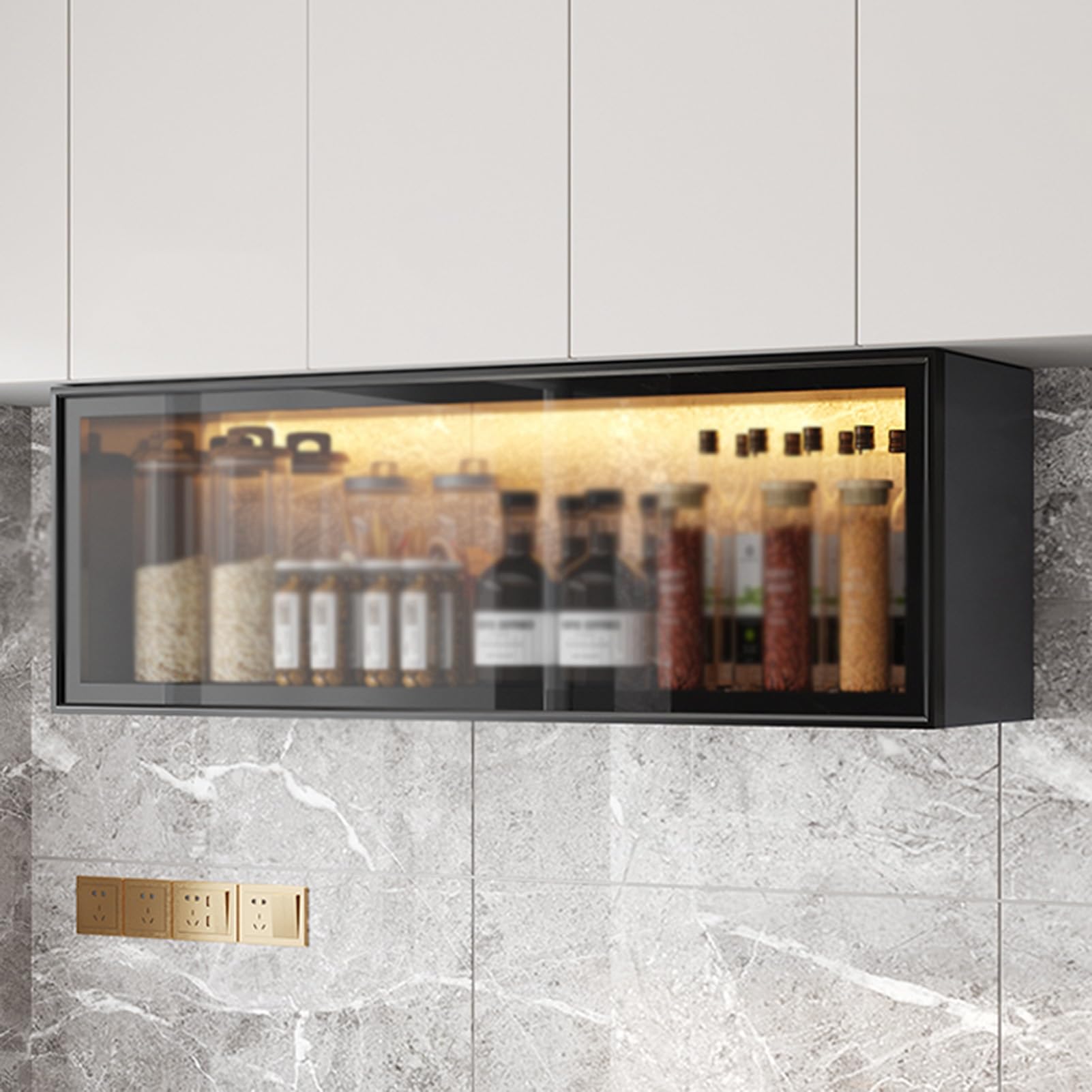 Vetrina da parete per cucina e sala da pranzo, grigio/bianco, dispensa Sto con ante senza trapano, installat moderna da appendere (nero, 80 x 32 x 19 cm)