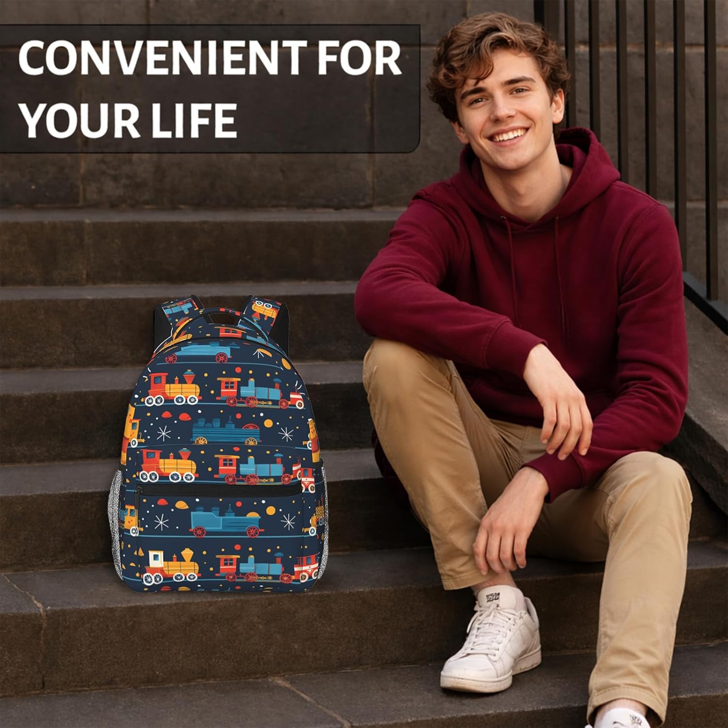 Colorful Train Backpack with Cushioned Straps for Laptop Tablet,11.4×5.9×15.7in,Cartoon Locomotive Back Pack for Travel School Work,Multi-Pocket Storage Bookbag,Ideal Gifts for Teens Students