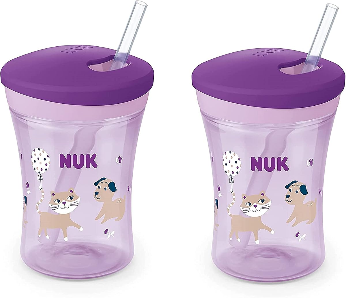 Vaso con pajita NUK Evolution (perro y gato morado)
