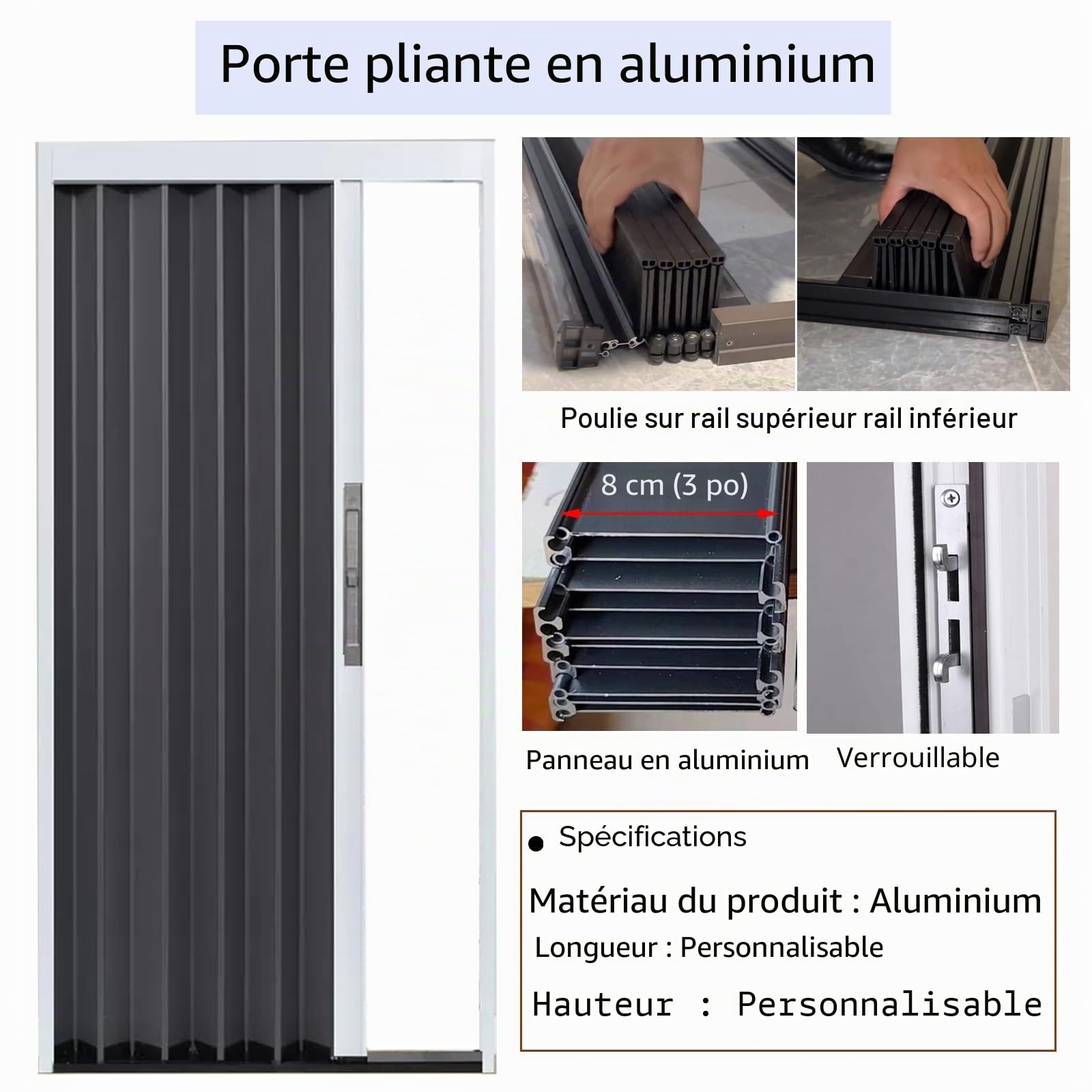 Porte coulissante pliante en accordéon - Cadre blanc - Panneau gris - Idéal pour porte et salon - Disponible en différentes tailles - Facile à installer et élégante