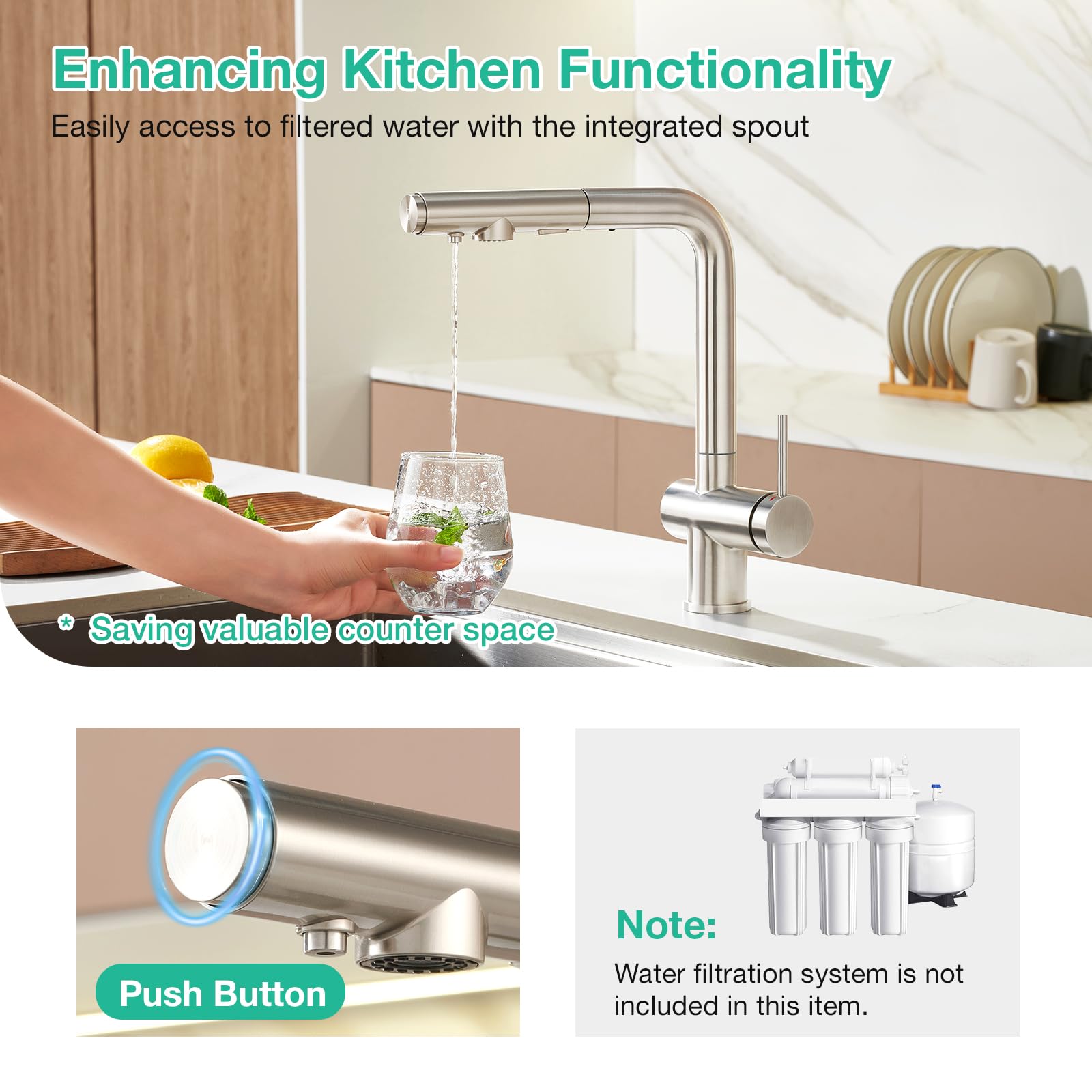 Faustina Rubinetto da cucina a 3 vie con doccetta estraibile, miscelatore monocomando, rubinetto per lavello, rubinetto da cucina per impianto di osmosi inversa e filtro dell'acqua in acciaio inox