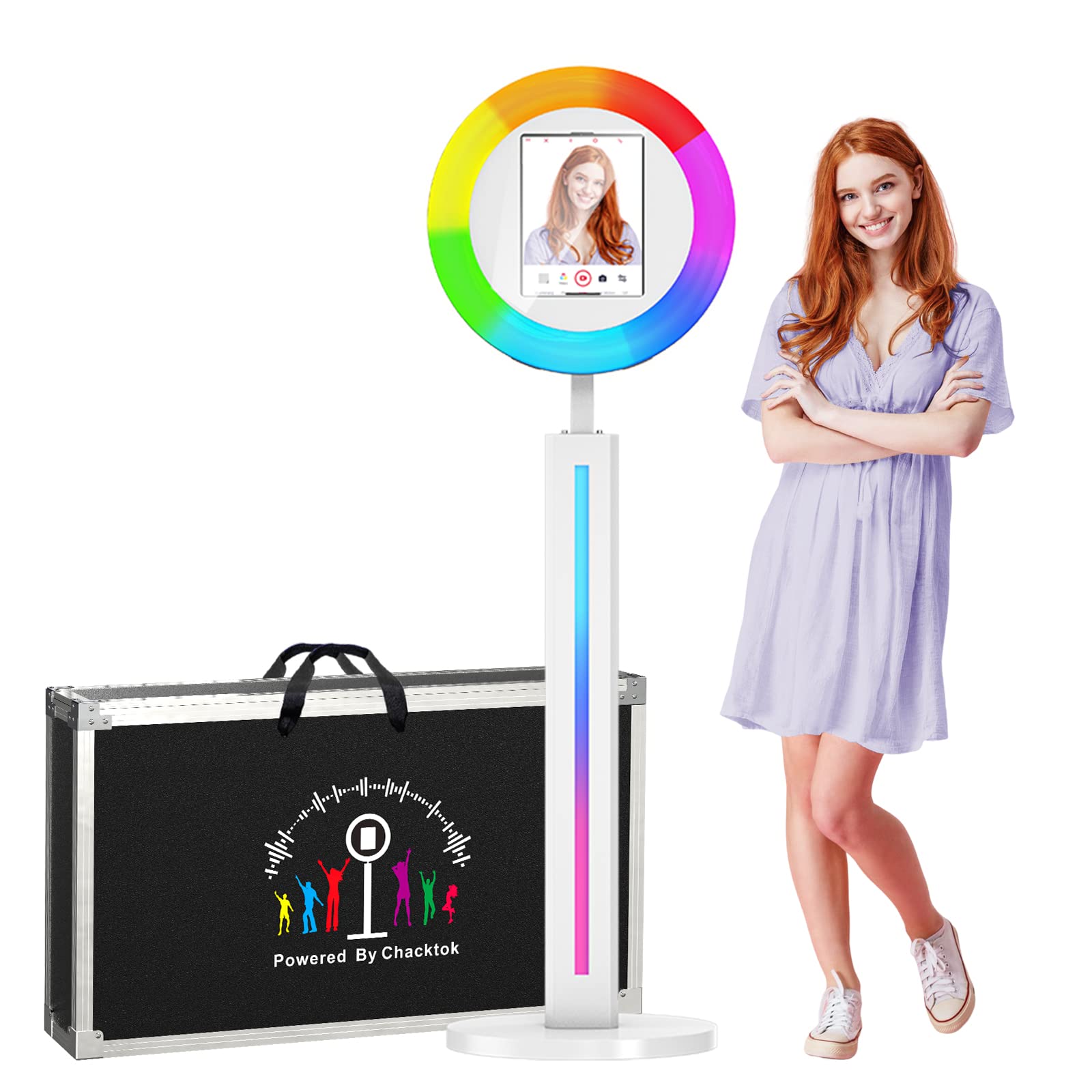 SIOXCFZ Portable Photo Booth Stand for Ipad 10.2'' 10.9'' 11'' 12.9''+Photo Booth Event Props Software APP Control Ring Light Music Sync,RGB Ring Light with Flight Case