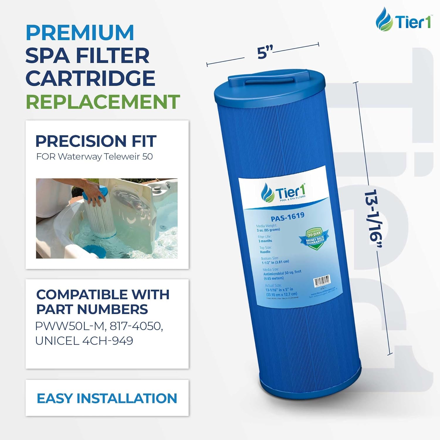 Tier1 Replacement for Waterway Spa Filter 817-4050 | Compatible with Teleweir 50, Pleatco PWW50L, FC-0172, 4CH-949 | 13-1/16" x 5" | Trilobal Fabric | High Flow | Washable Spa Filter Cartridge