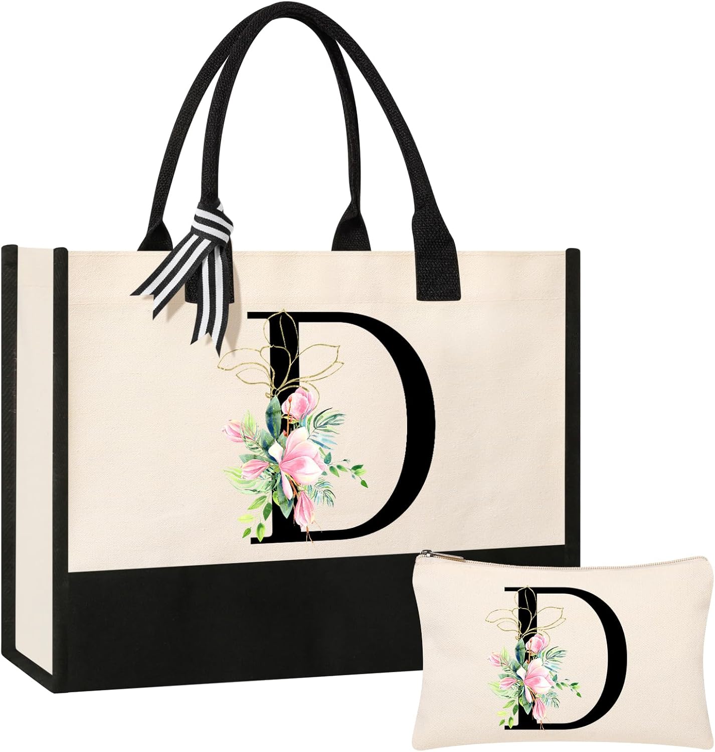 AYGE Personalized Initial Canvas Tote Bag & Makeup Bag Set - Durable Beach Bag Gift for Mom Sister Teacher Bridesmaid