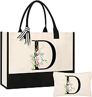 AYGE Personalized Initial Canvas Tote Bag & Makeup Bag Set - Durable Beach Bag Gift for Mom Sister Teacher Bridesmaid