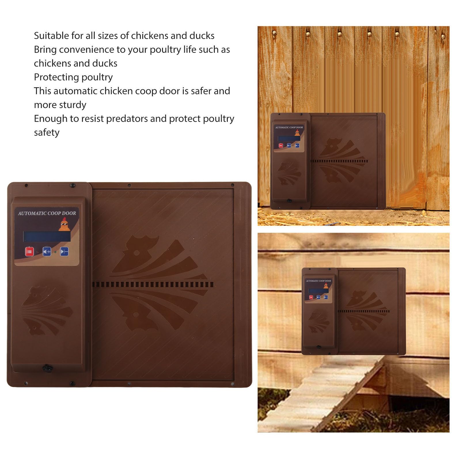 Porta automatica per pollaio USB con apertura orizzontale Apriporta automatica per pollaio Ampio schermo LCD programmabile con timer con avviso di batteria scarica (Brown)