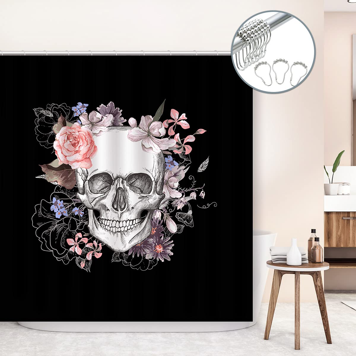 Shinichistar 72x72inch Halloween Shower Curtain Set with 12 Metal Hooks Sugar Candy Skull Skeleton Black Bathroom Curtain Floral Day of The Dead Durable Waterproof Fabric Bathtub Sets Home Decor