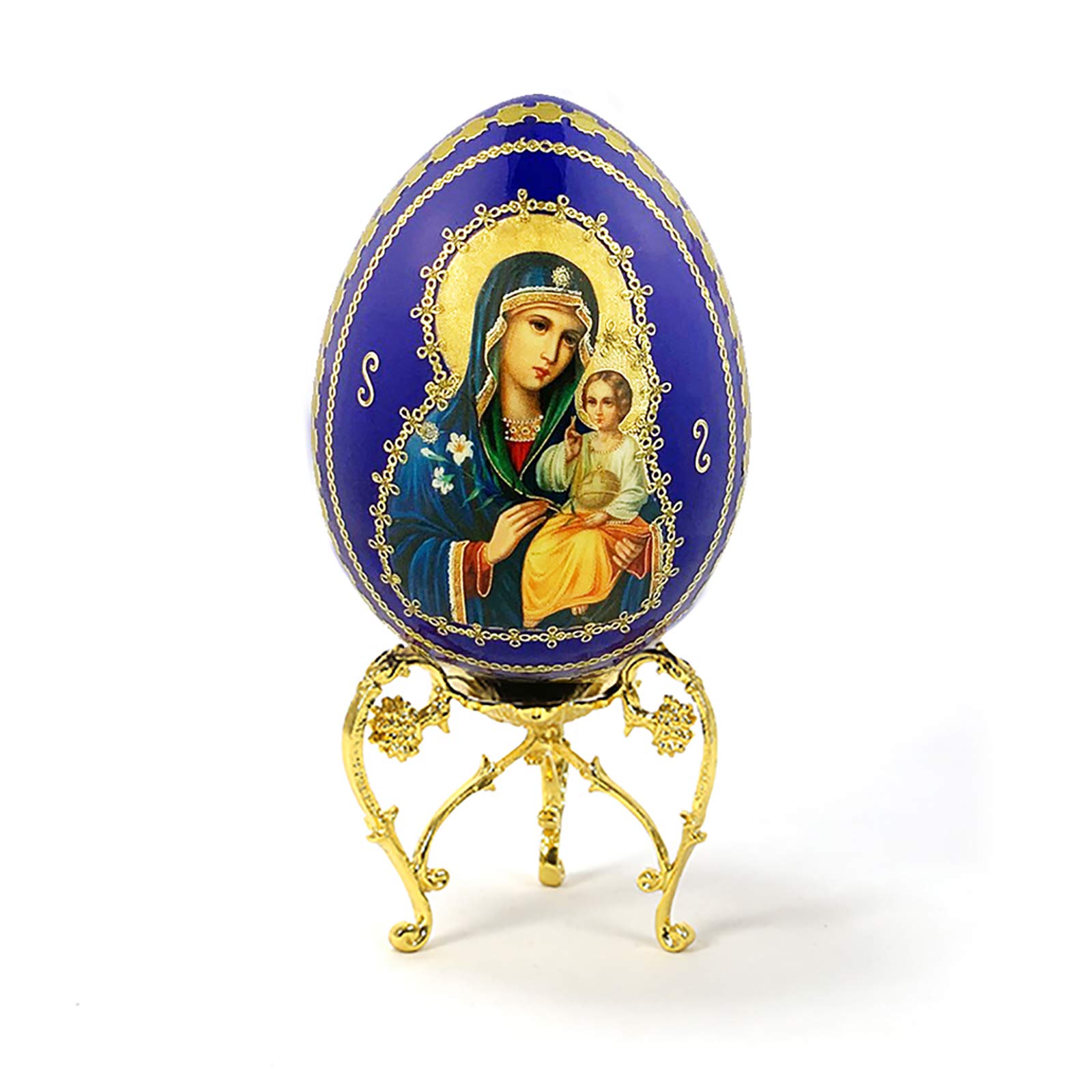 Catholic Orthodox Madonna and Child Christ Jesus Russian Icon Egg Blue With Gold, Wooden 6 1/2 Inch, With Gold Metal Egg Stand, Eternal Bloom