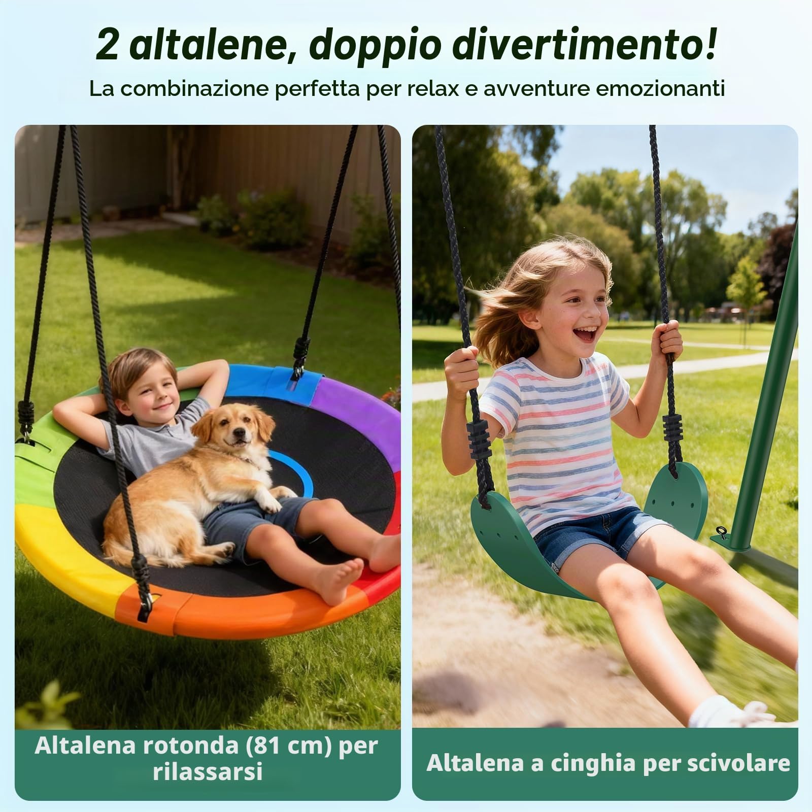 Trekassy Set di Altalena Doppia per Esterni con Struttura in Metallo, Portata fino a 200 kg, Altalena da Giardino con Altezza Regolabile, Altalena a Nido per Esterni per Bambini e Adulti