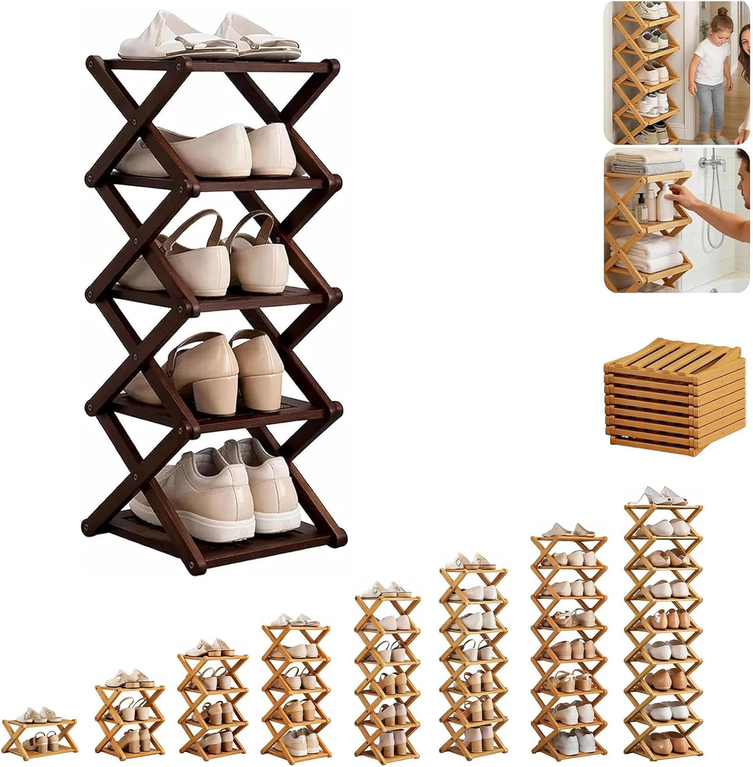 2/3/4/5/6/7/8/9 Tier Bamboo Shoe Rack, Multi-Layered Storage, The 9-Tier No-Assembly Bamboo Rack, Foldable Shoe Rack & No Installation Required, for Indoor, Balcony (Brown, 5)