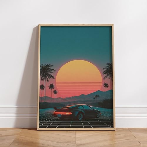 Xenulab Retro Sunset 8-Bit Car Poster Wall Art for Home Decor, Vintage Style Print for 80s Vibe Lovers, Neon Palm Desert Road Scene