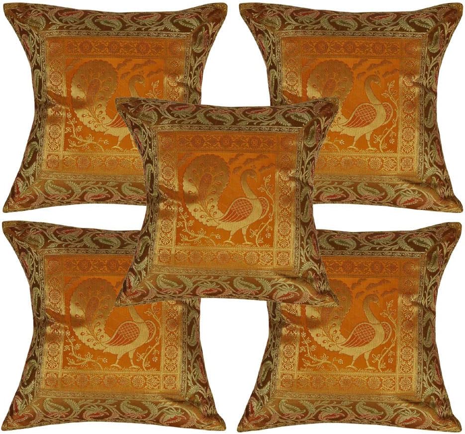 Lalhaveli Home Decor Throw Pillowcase Peacock Decorative Silk Linen Square Sofa Cushion Covers 16 x16 Inch (Set of 2)