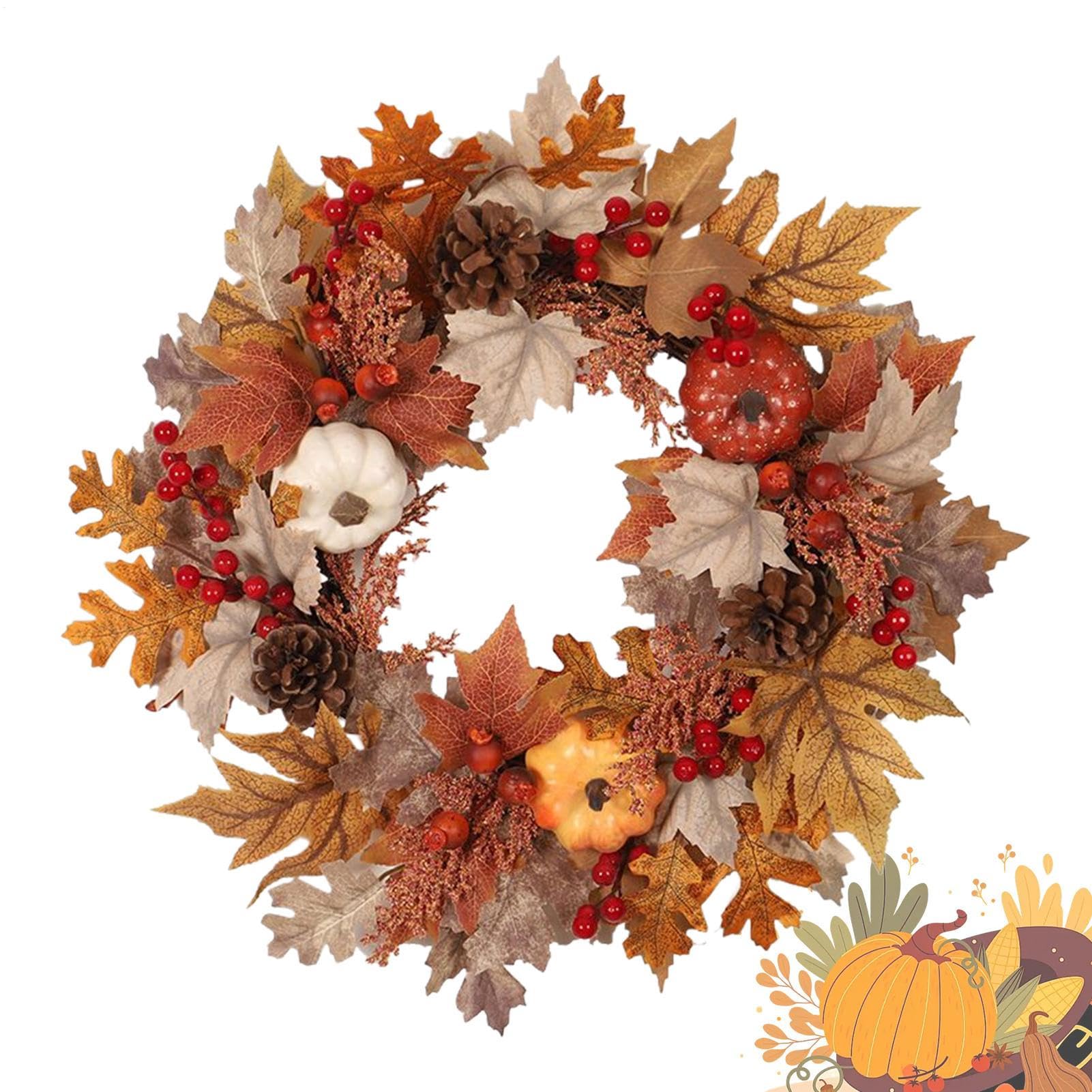 Couronne de fleurs artificielles haut de gamme et baies d'automne de 50 cm