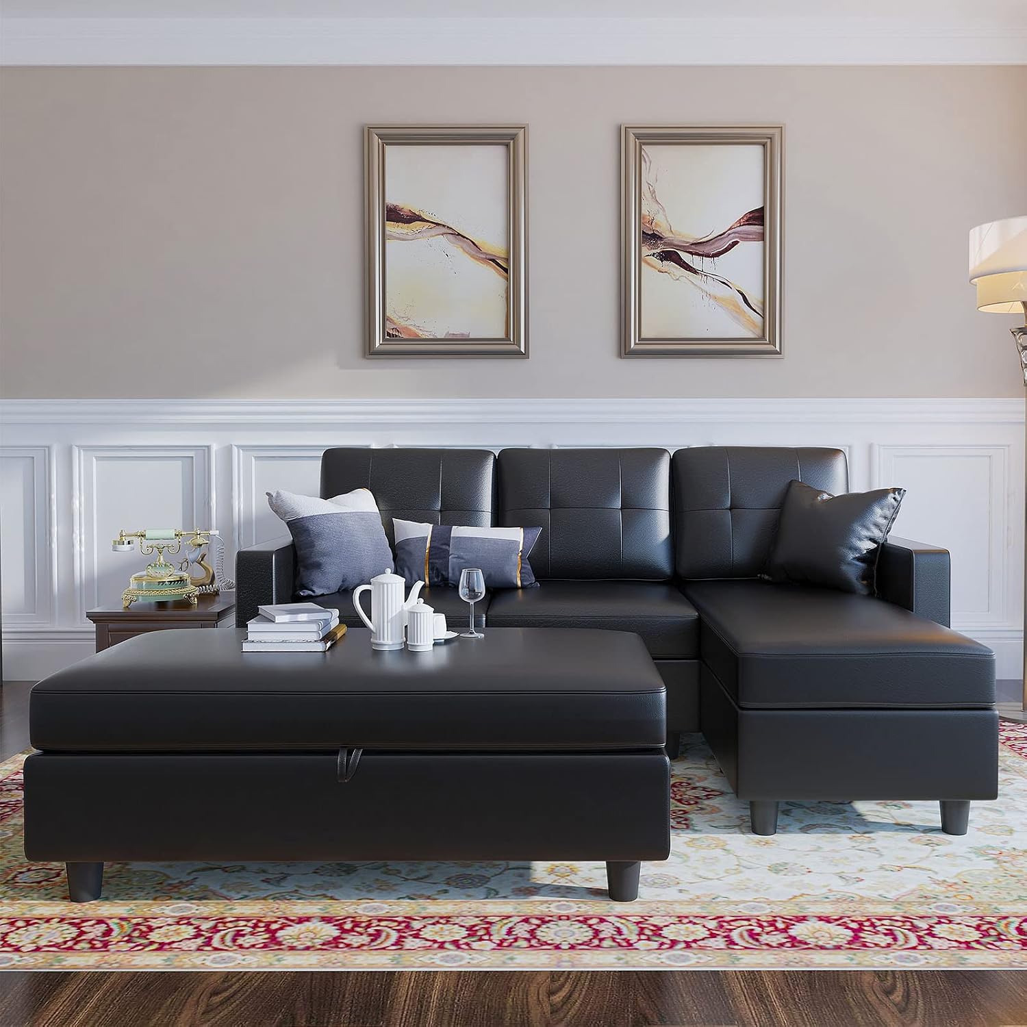 HONBAY Convertible Sectional Sofa with Ottoman Modern L Shape Sectional Couch Faux Leather Couch with Reversible Chaise, Black