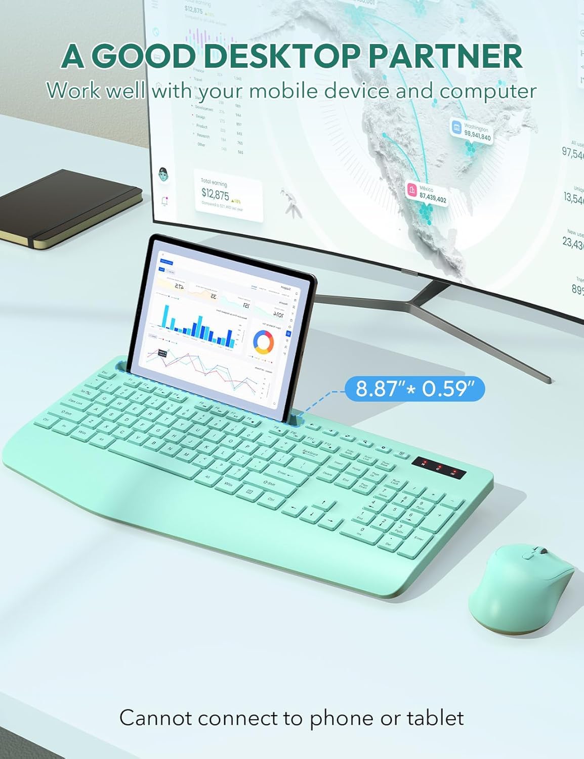 SABLUTE Bezprzewodowa klawiatura i mysz, podpórka pod nadgarstek, uchwyt na telefon, baterie w zestawie, ergonomiczna klawiatura 2,4 G, bez opóźnień, zestaw bezprzewodowy, do komputera, laptopa