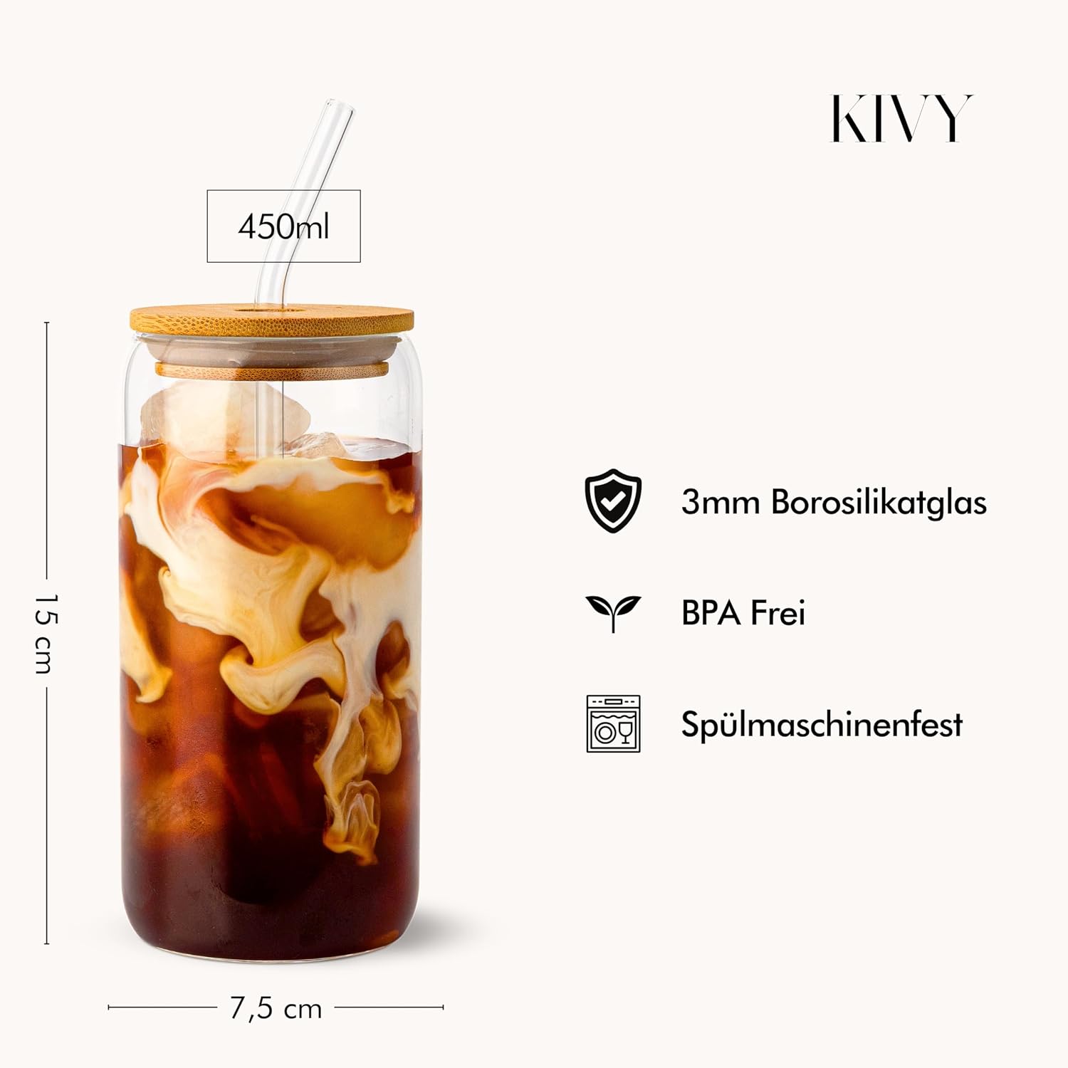 KIVY Drinking Glasses Set with Lid and Straw, 4 x 450 ml, Iced Coffee