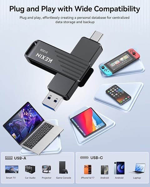 KEXIN 512GB USB C Externe SSD, mit bis zu 1050 MB/s Extreme schneller USB-Stick, Dual-USB Typ C und USBA USB3.2 Gen2 Speicherstick für iPhone 15/16/17, Smartphone, Tablet, Laptop - 3