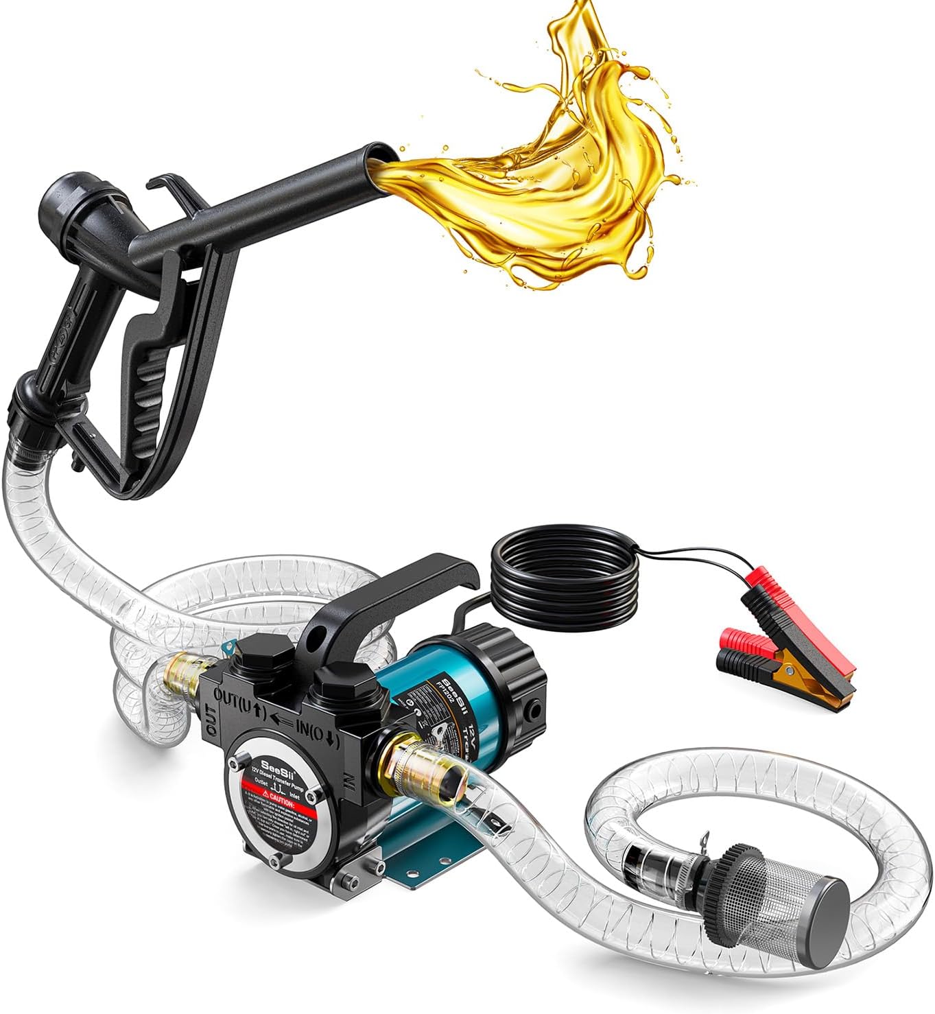 SEESII Diesel Transfer Pump 12V: 13 GPM Electric Fuel Transfer Pump Kit with Nozzle & Hoses for Transferring Diesel, Kerosene, Portable DC Oil Pump for Boat Truck Home, Farm Fueling