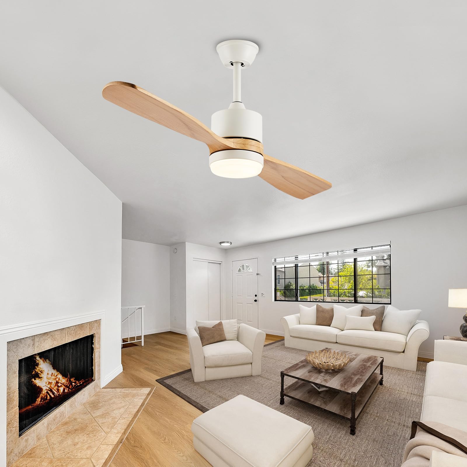 Lustre Ventilateur De Plafond LED Avec Telecommande Silencieux 6 Vitesses Réglable Suspension Luminaire Pour Chambre Salon Réversible 2 Bois Pales Plafonnier Ventilateur Design-A||106CM