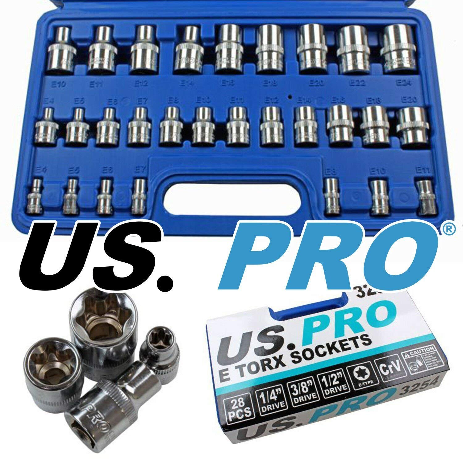 US PRO Tools 28pc 1/4"" 3/8"" 1/2"" E-Torx Star Socket Set E4 - E24 3254