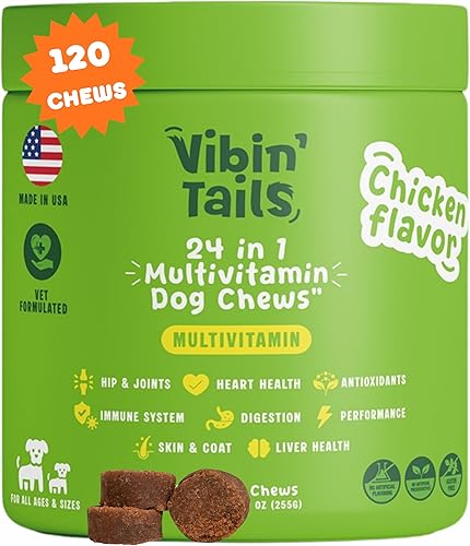Vibin' Tails Multivitamínico masticable con glucosamina, vitaminas y suplementos para perros, multivitamínico para adultos mayores y cachorros,