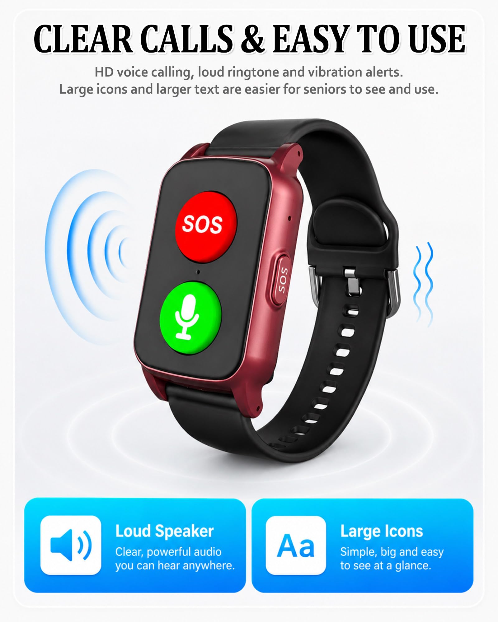 Smartwatch di Allerta Medica per Anziani con Rilevamento di Caduta, Tracciamento GPS e Monitoraggio della Salute, Impermeabile, Pulsante Rosso