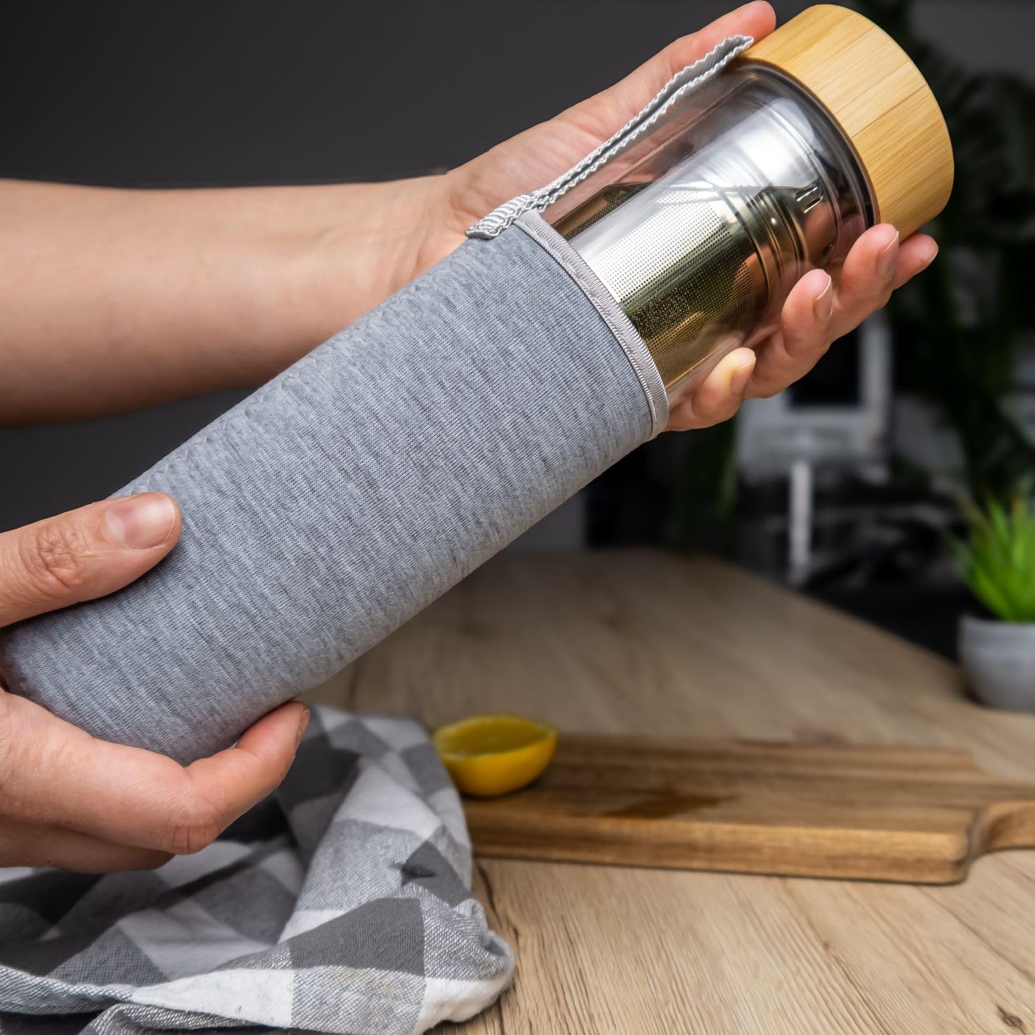 Tea4chill Teeflasche Mit Sieb – 400 Ml, Doppelwandiges Glas, Neoprenhülle, Anthrazit (2 Stück)