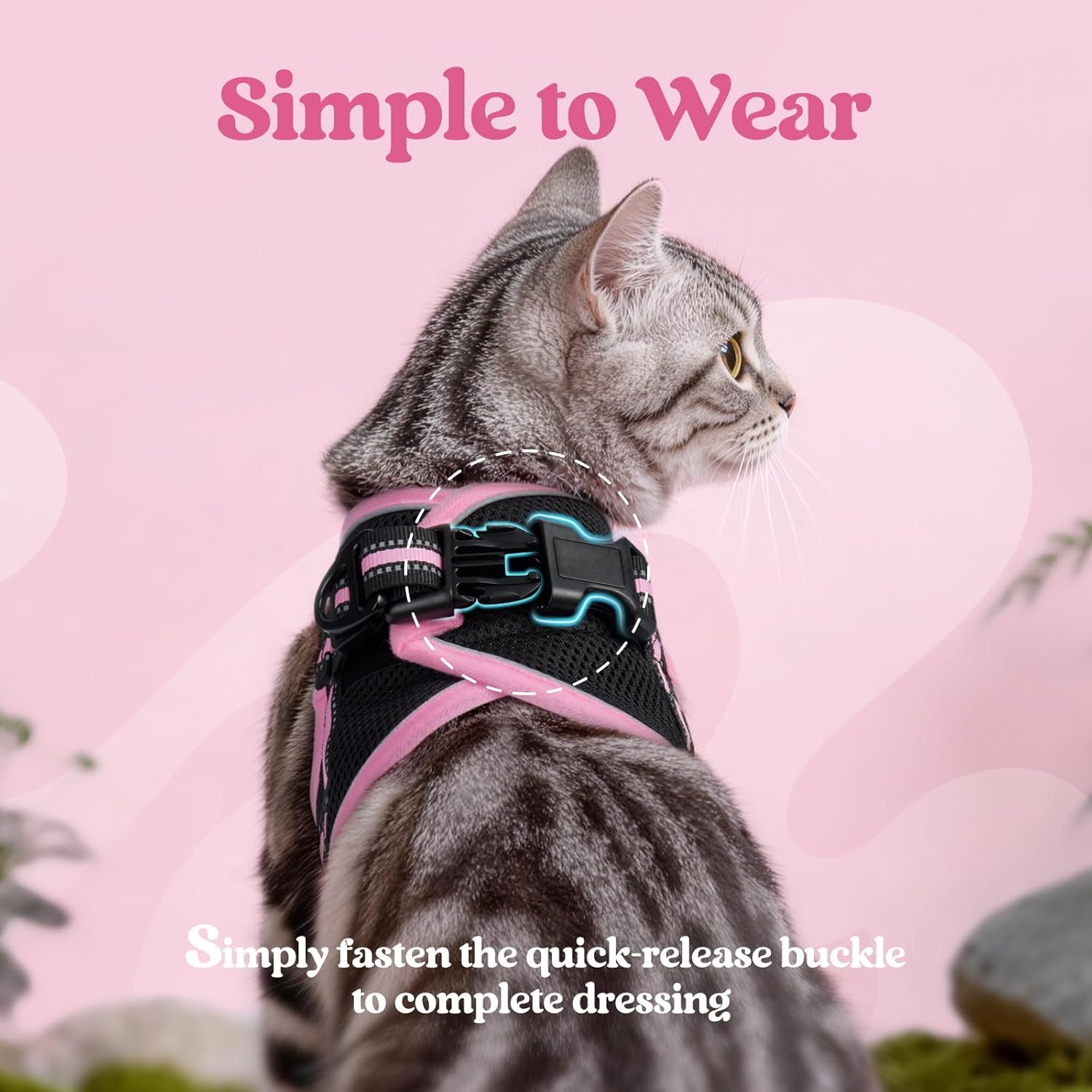 rabbitgoo Cat Harness and Leash Set for Walking Escape Proof, Adjustable Soft Kittens Vest with Reflective Strip for Cats, Comfortable Outdoor Vest, Black & Pink, M