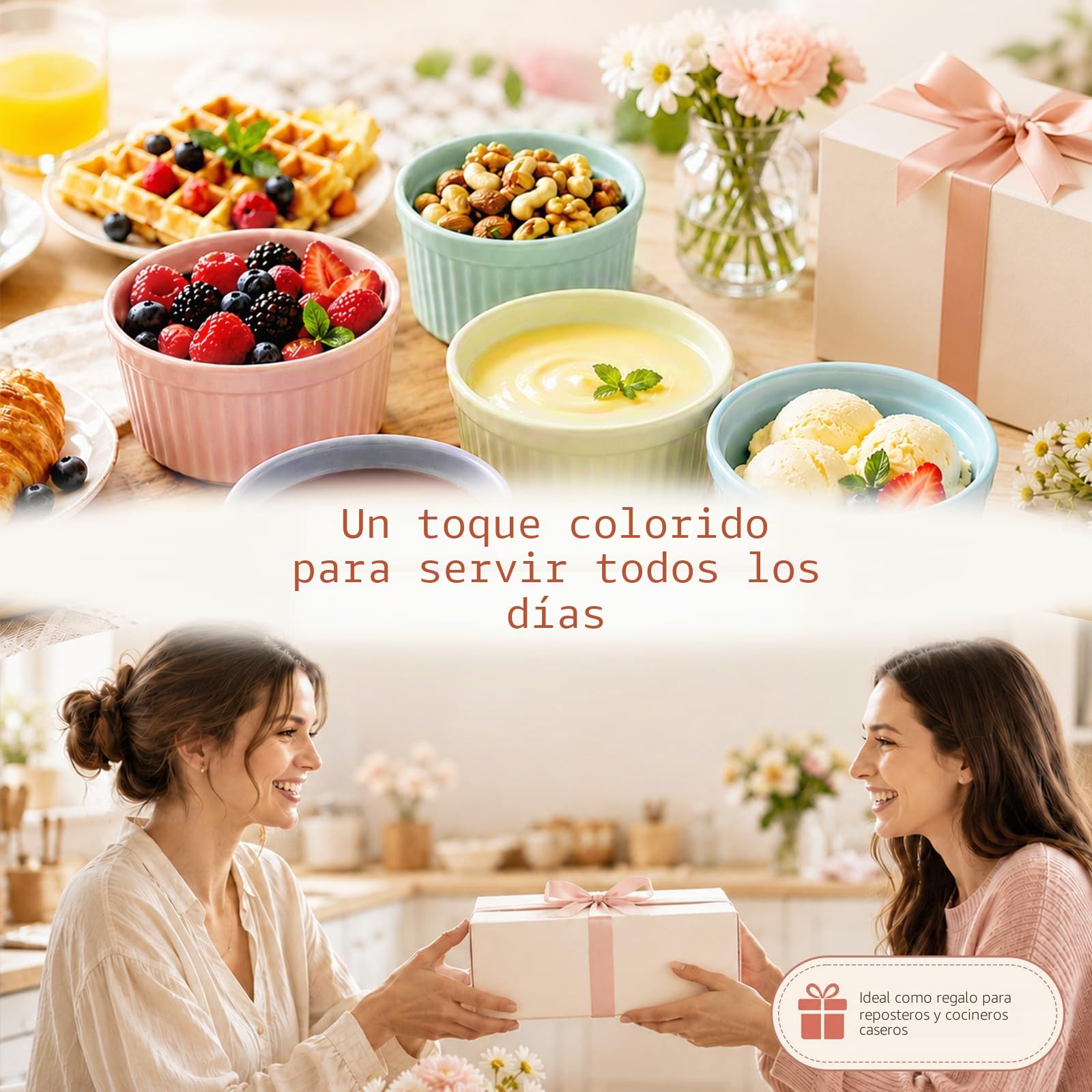 Meltset - Ramequines de 5.5 onzas con tapas, cuencos de cerámica aptos para horno, platos de porcelana para hornear soufflé, crema brulee, pastel de lava, postres de helado, aperitivos (juego de 5)