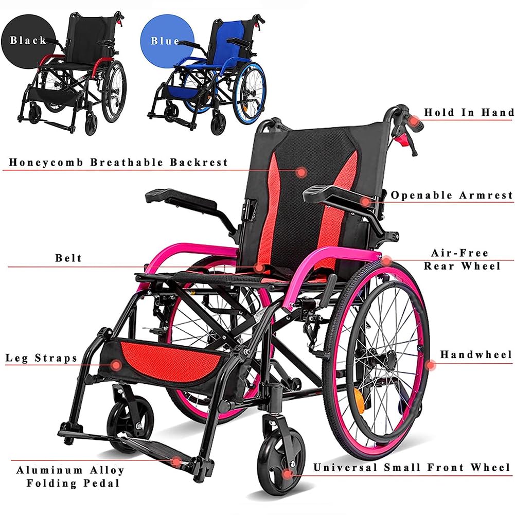 Sedia A Rotelle Portatile Ultraleggera, Sedia A Rotelle Sportiva E Per Il Tempo Libero, Ruota Grande Per Il Tempo Libero Per Adulti Per Tutta La Sedia A Rotelle Pieghevole,Blu
