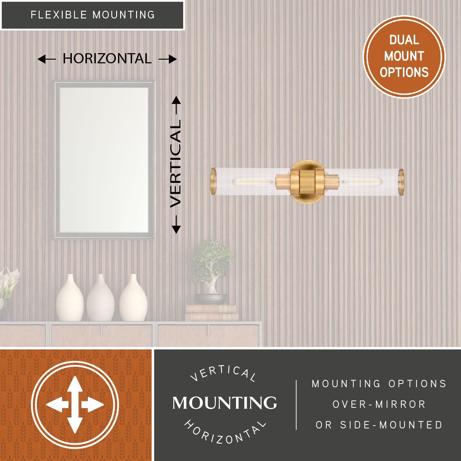 VAXCEL Levitt 2 Light Bathroom Vanity Fixture, Mid Century Modern Industrial Style, Satin Brass Finish, Clear Glass