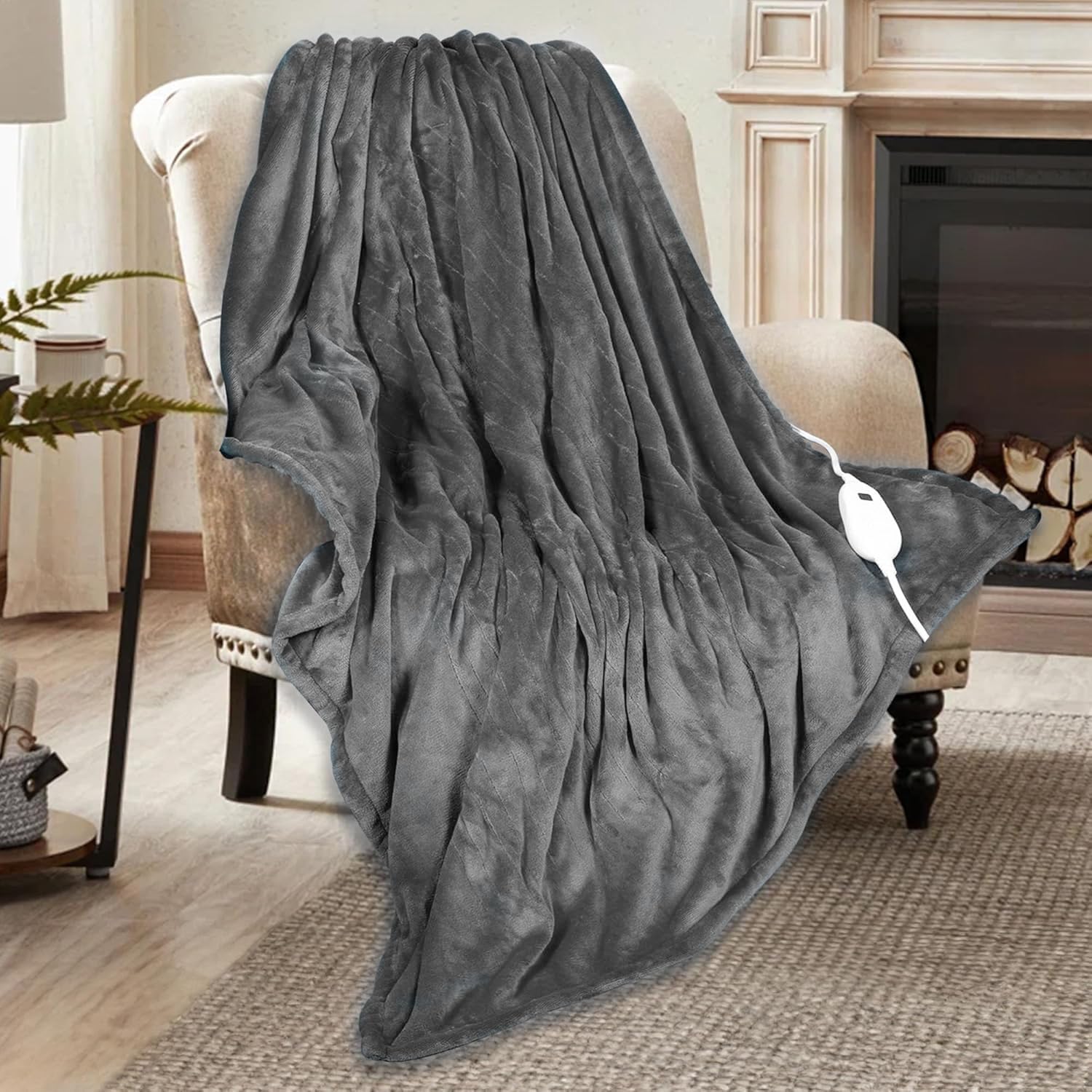 DAILYLIFE Heated Blanket Electric Throw Blanket, 50" x 60" Flannel Heating Blanket with 6 Heat Settings and 3 Hours Auto-Off, Couch Chair, Machine Washable, (Grey, 50" x 60", Flannel)