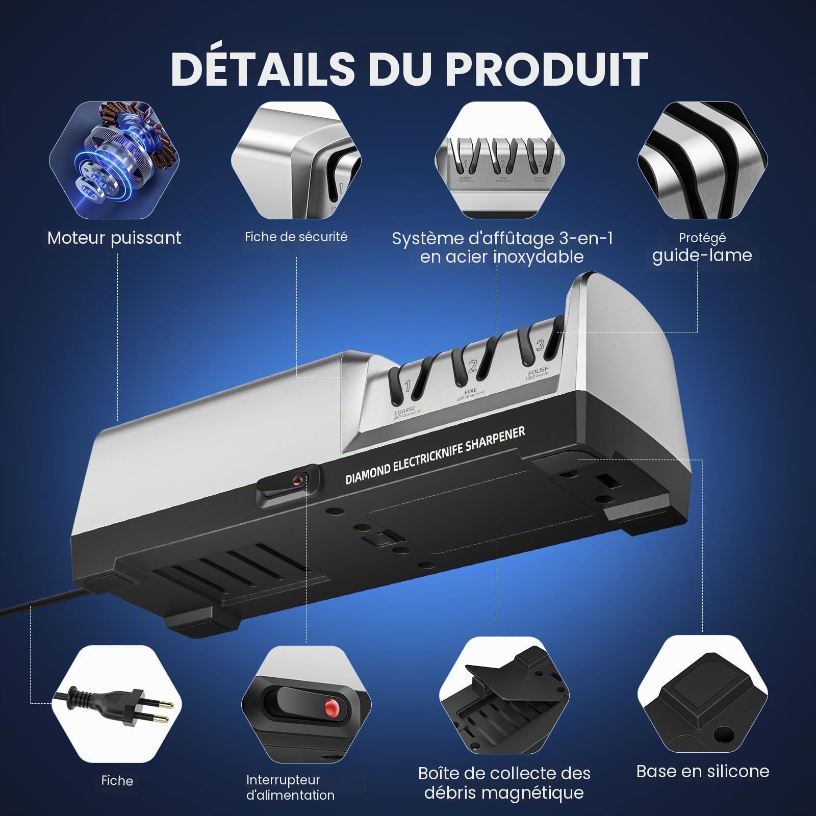 Aiguiseur de couteaux électrique MusyVocay 100% diamant, aiguiseur de couteaux de cuisine professionnel à 3 niveaux et 20 degrés avec guide d'angle de précision pour un affûtage grossier (Argent)