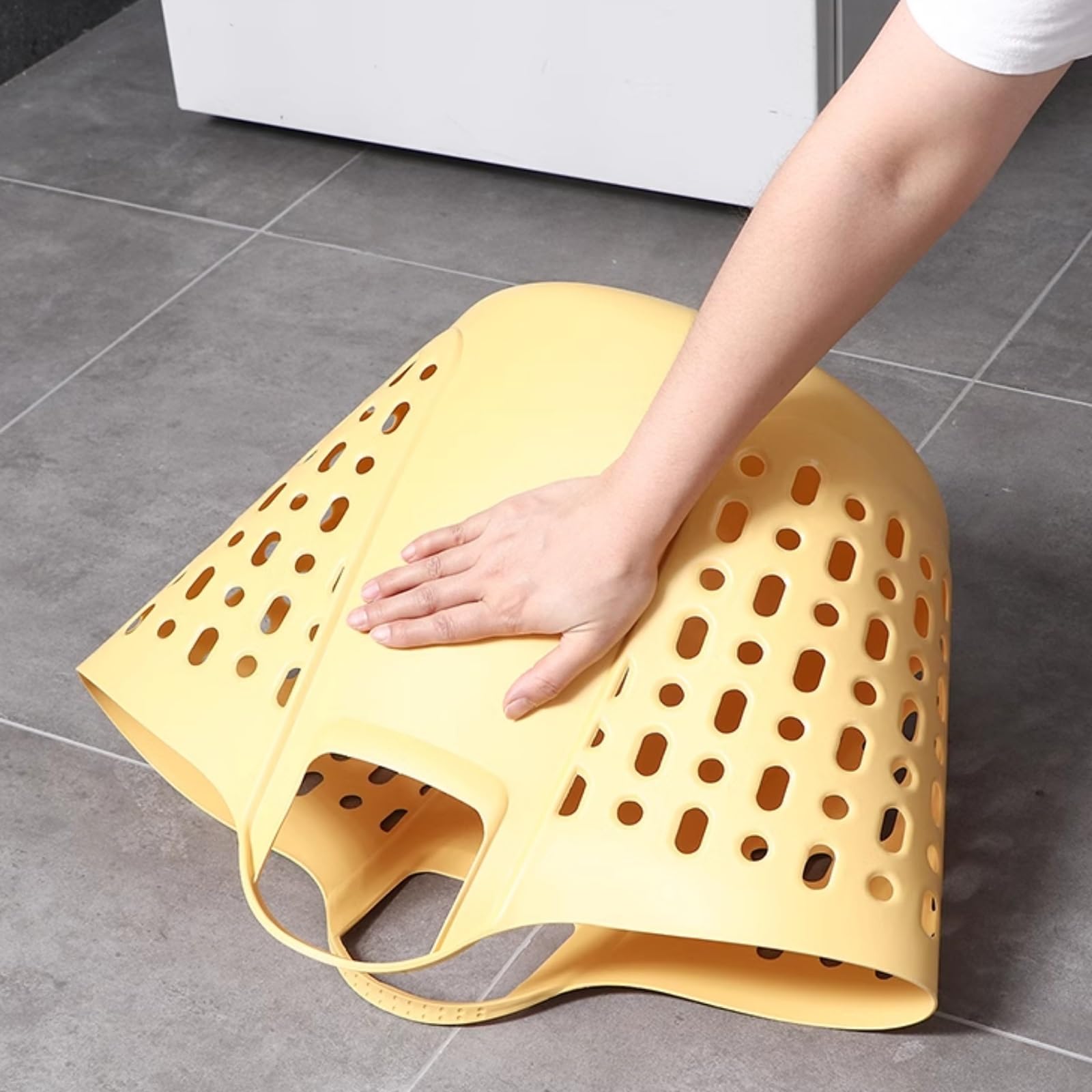 Cesto portabiancheria in plastica flessibile con manico, cesto rotondo portatile per la casa, cestino ventilato o borsa della spesa