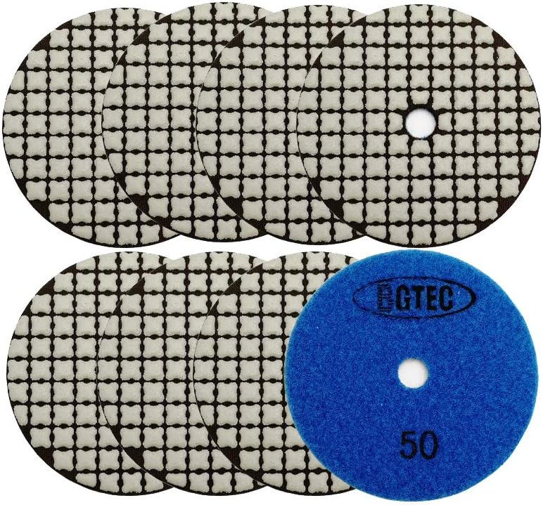 BGTEC 100mm Dry Diamond Polishing Pads Set 8 Pieces #50 Pads Kit for Granite Marble Stone Quartz Tiles Concrete Floor Edges Countertop Polishing