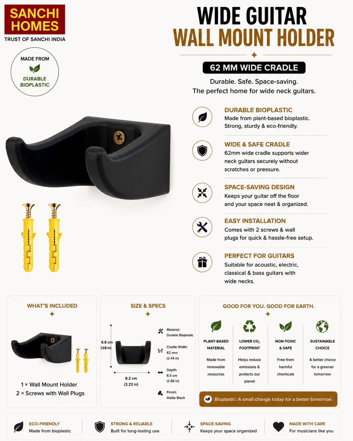 | Wide Guitar Wall Mount Holder with Screws | Durable & Safe Hanger for Wide Neck Guitars | Space-Saving Wall Stand | Easy Installation | Bioplastic | 62 mm Wide (Black)