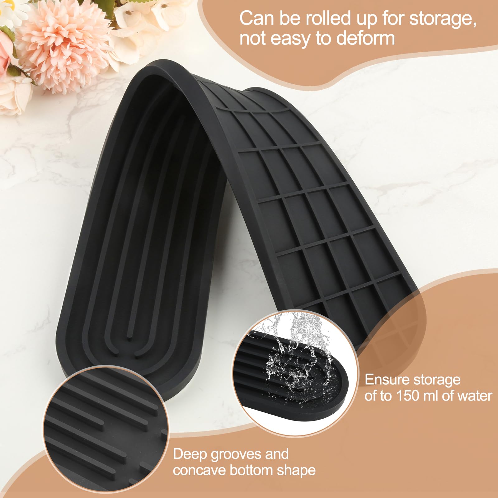 JIANGZHIB Narrow Bar Mat, Black Dish Drying Mat, Extended Dish Drying Mat, Silicone Tableware, 43 x 7.8 cm - Image 3