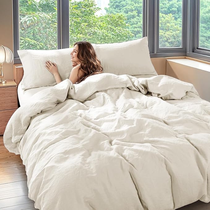 Shilucheng 100% Linen Queen Duvet Cover Set, Luxury Pure Natural French Flax Linen Duvet Cover with Zipper Closure & Corner Ties, Cooling Breathable Comforter Cover 3 Piece (Creamy White)