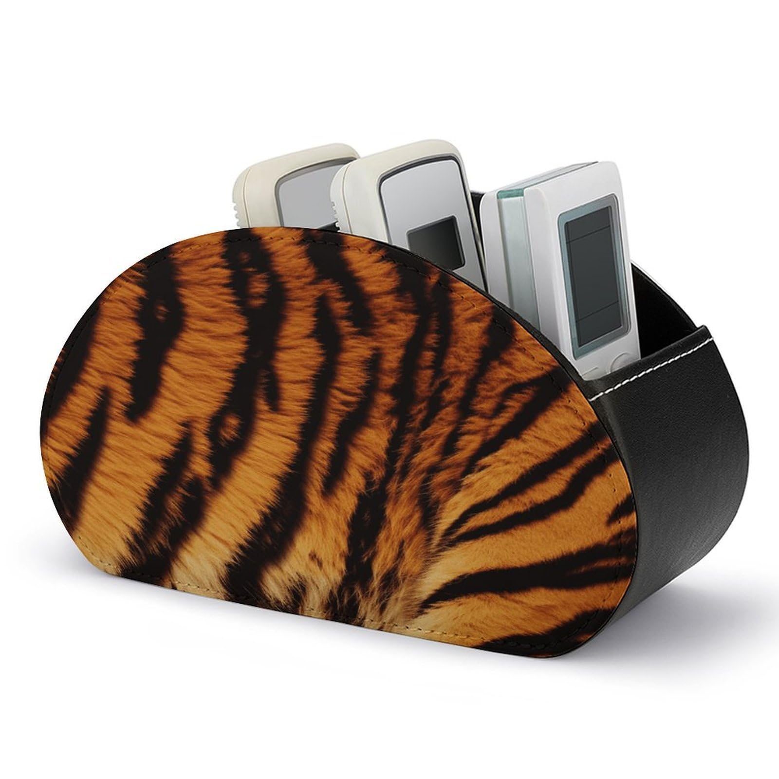 VstaDank Tiger Striped Pattern Remote Control Holder with 5 Compartments PU Leather Remote Caddy Desktop Organizer Store TV Remote Control Storage Box for Home Office Desk Nightstand