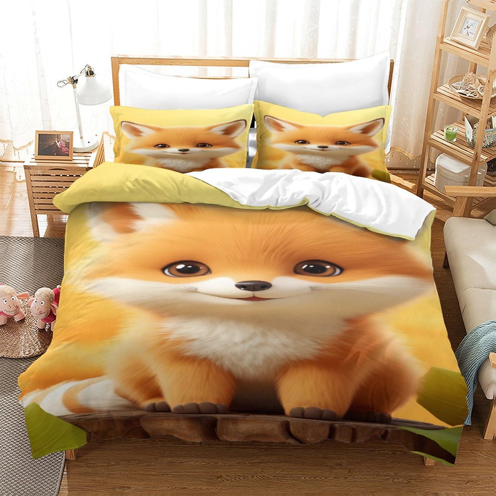 Housse de couette enfant microfibre douce parure de lit renard fille garçon avec taie