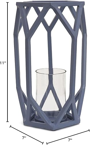 Miniatura 5 de Portavelas tipo farol, azul polvoriento, diseño y acabado moderno, incluye chimenea de cristal, 11 pulgadas