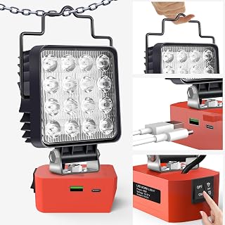48W LED Work Light for Milwaukee Battery, 3000LM Portable Cordless Underhood Work Light with Dual Power Switch & Low Voltage Protection, USB Type C Charger Port Flood Lights for Emergency Workshop