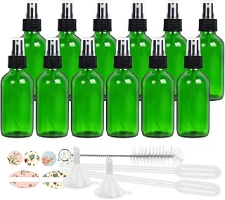 12 Pack 120 ml 4oz Green Glass Spray Bottles with Fine Mist Sprayer & Dust Cap for Essential Oils, Perfumes,Cleaning Products.Included 1 Brush,2 Funnels,2 Droppers & 18 Labels.