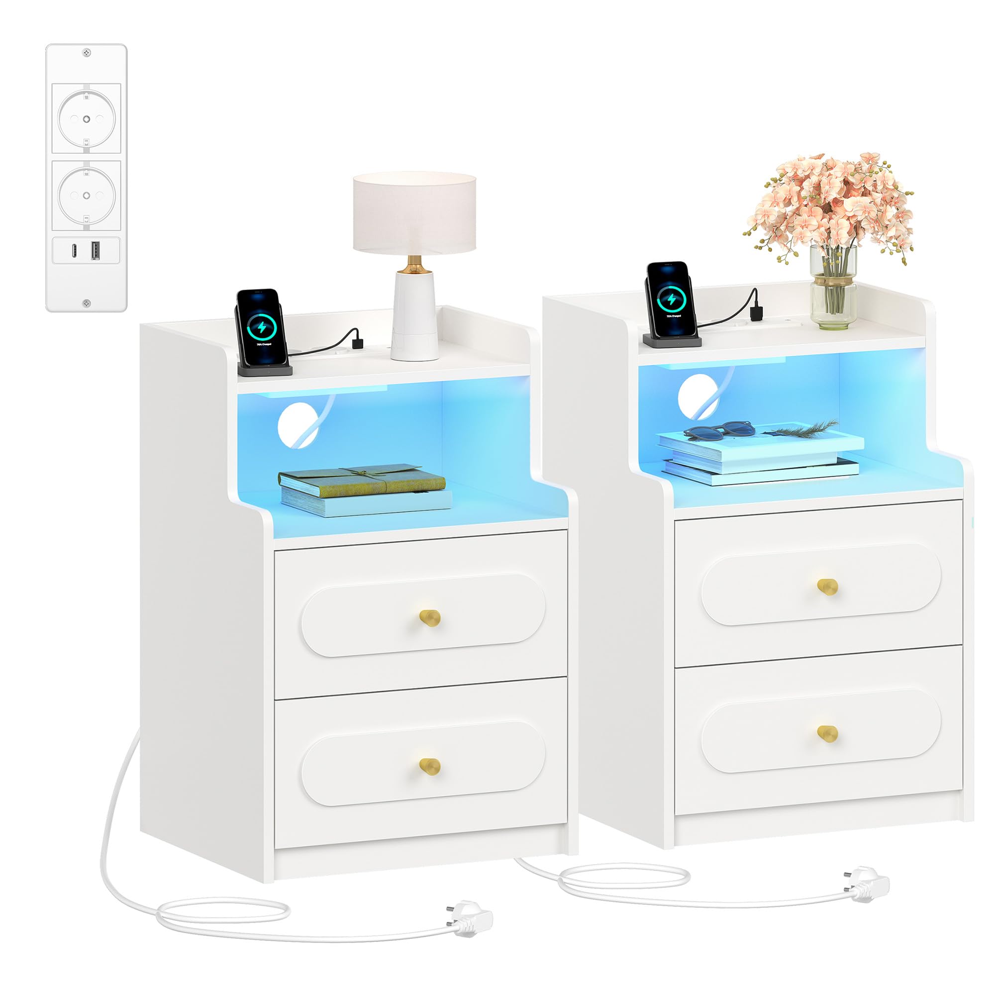 HEXCELEN Table de Chevet Lot de 2 avec Lumière LED et Multiprise, Table de Nuit avec 2 Tiroirs et 1 Compartiment Ouvert, Tables d'appoint avec Rangement, pour Chambre à Coucher, Salon, Moderne, Blanc
