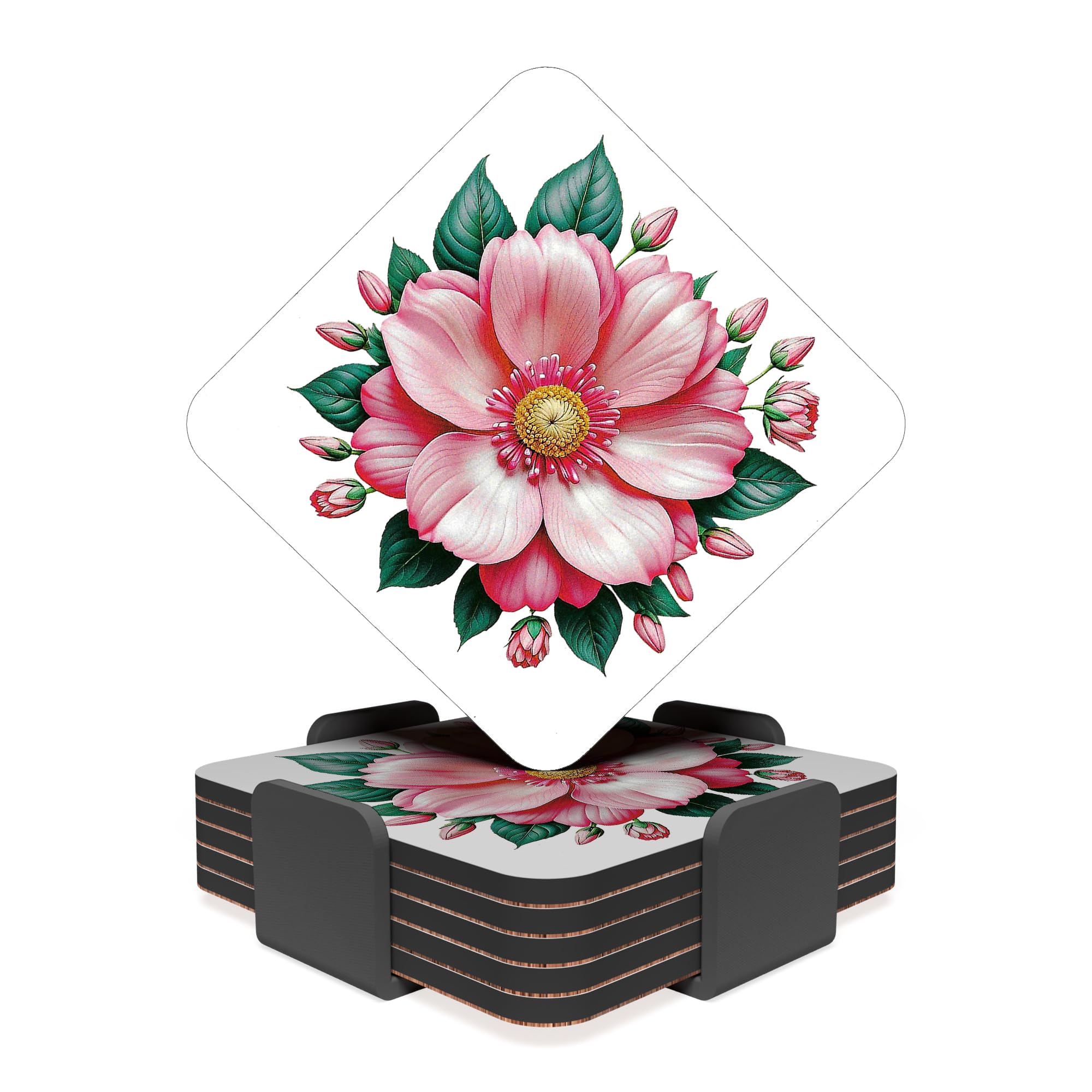 Rav3 Coasters Set of 6 with Holder- Floral Theme Cork Backed Coasters- Square