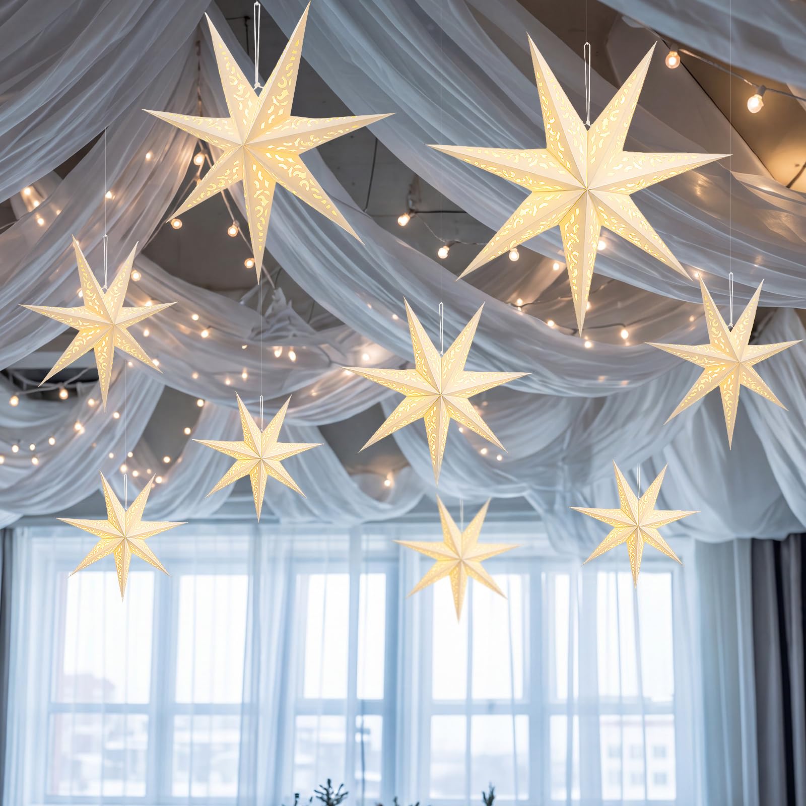 Dunzoom Confezione da 9 lanterne di carta bianche a forma di stella da appendere, decorazioni a forma di stella, con filo di luci, decorazione per albero di Natale, decorazione per matrimoni, feste di
