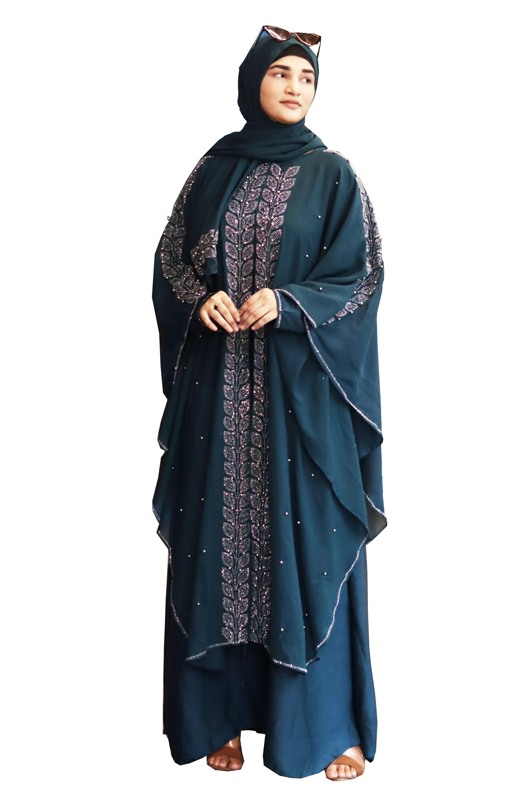 buraque designer Green Farasha Beads & Stone Work Burkha For Women Elegant Modest Wear Islamic Naqab Burkha Fashion-picture-24
