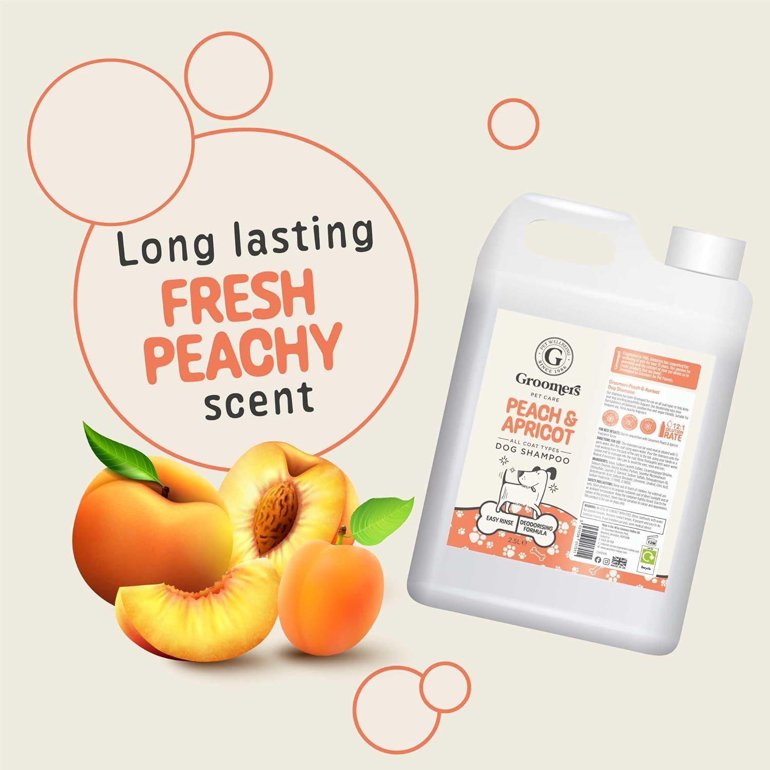 Groomers - Peach & Apricot Dog Shampoo- Dog Grooming Shampoo products for smelly dogs with peach & apricot scent - best puppy & adult shampoo - Vegan pet shampoo - proffesional - 2.5L 5 71nSTng60TL. AC SL1500