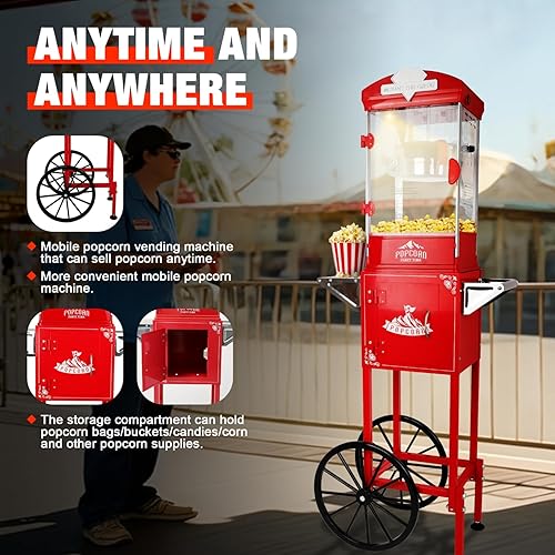 Miniatura 4 de Máquina de palomitas de maíz de 10 onzas con carrito, ruedas y hervidor de acero inoxidable, estilo vintage, máquina para hacer palomitas de maíz