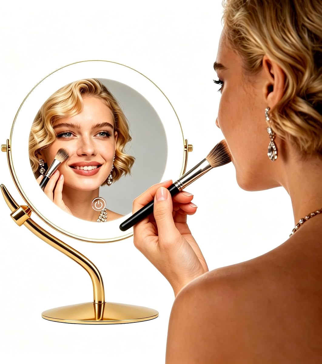 Professional 8" Large Lighted Makeup Mirror with Lights, 1X/10X True HD Magnifying Mirror with 3 Color Dimmable Lights, 100 LEDs, 360° Swivel Vanity Mirror, Gold